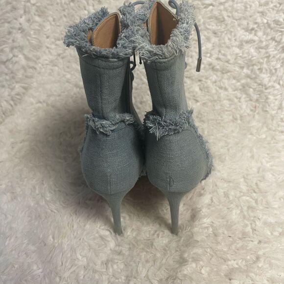Bella Marie Frayed Denim Peep Toe Lace Up Stiletto Ankle Boots side zipper SZ10 - Picture 8 of 15